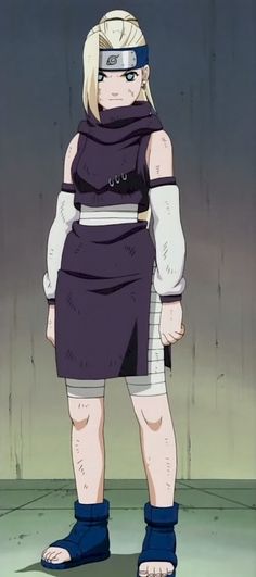 an anime character in a purple dress and blindfolded headband, standing with his hands on his hips