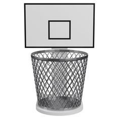 a basket with a basketball in it on a white background and an empty screen above the basket