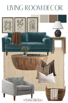 Living room design board with a teal sofa, neutral jute rug, and rich brown wood coffee table! Neutral complimenting tones throughout Turquoise Sofa Living Room Inspiration, Living Room Teal Sofa Decor, Teal Tan And Grey Living Room, Turquoise Accents Living Room, Teal Inspired Living Room, Blue Teal Couch Living Room, Aqua And Brown Living Room, Living Room Designs Teal And Grey, Teal Green And Grey Living Room