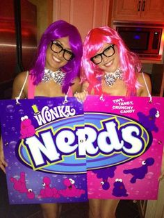 two women dressed as nerds holding up a sign that says wonka's