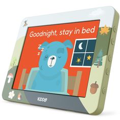 a children's book with an image of a blue bear on the screen and words reading goodnight, stay in bed