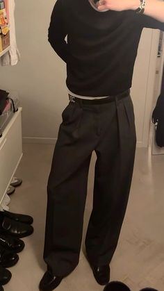 Loafers, baggy suit pants, margiela sweater, hermes, rolex, celine Mens Black Outfit Formal, Black Suit Pants Outfit Men, Masc Loafer Outfits, Baggy Pleated Pants, Sweater And Dress Pants, Baggy Suit Pants, Baggy Dress Pants, Baggy Suits Men Aesthetic, Baggy Dress Pants Outfits Men