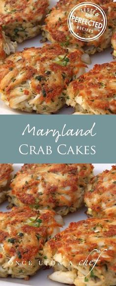 several crab cakes on a white plate with the words marmaland crab cakes above them