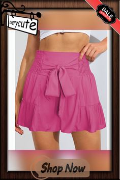 Rose Ruffle Hem Tie Waist Wide Leg Culotte Chic Pink Shorts For Brunch, Pink Summer Shorts For Brunch, Spring Pink Shorts, Pink Ruffled Shorts For Day Out, High-waisted Pink Ruffled Shorts, High Waist Pink Ruffled Shorts, High Waist Pink Shorts With Ruffles, Casual Pink Ruffled Shorts, Ruffle Shorts