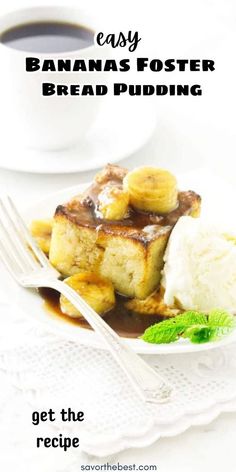 banana fosterer bread pudding on a plate with ice cream