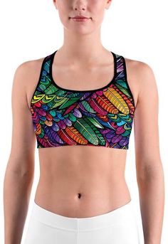 Colorful Feathers Sports bra Sports Bra Pattern, Skull Leggings, Legging Outfits, White Sports Bra, Womens Leggings, Plus Size Leggings, Sport Bra, Intense Workout, Ethnic Fashion