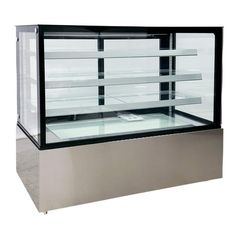 an empty glass display case with shelves