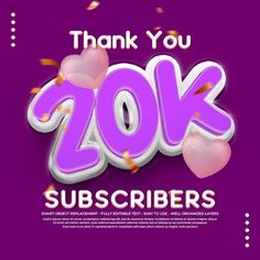 thank you 20k subscribers with balloons and confetti on purple background