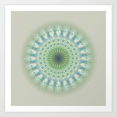 a green and white circular design on a gray background with clouds in the center art print