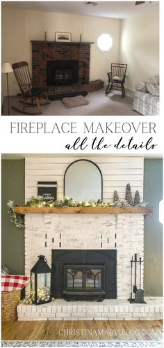 fireplace makeover with white paint and wood mantles in the living room, before and after