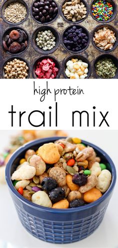 a blue bowl filled with trail mix next to the words high protein trail mix on it