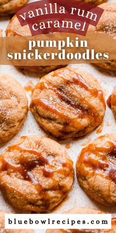 baked caramel pumpkin snickkerdoodles on a baking sheet with text overlay