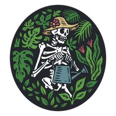 a skeleton holding a watering can in its hand and surrounded by plants on the other side