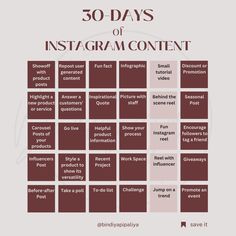 the 30 days of instagramm content poster with words and images in red on white