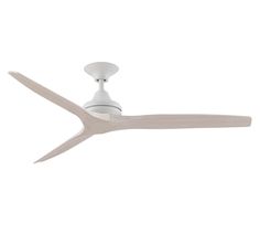 a white ceiling fan with a light on the top and two blades attached to it