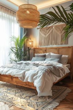 a bedroom with a large bed and plants in the corner