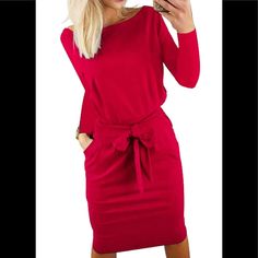 Size S Size S(4-6) Bust 35.82"----Length 37.79"----Waist 27.55"----Hip 37.79"----Sleeve Length 18.89" Prettygarden Ladies Elegant Knee Length Long Sleeve Shift Dress For Women -This Long Sleeve Short Dress With High Waist Design And Slim Silhouette To Perfectly Highlight Your Beautiful Figure.Make You Charming And Fashionable Everyday. -Casual Cocktail Dresses For Women With Crew Neck And Basic Long Sleeve. -Wide Round Neck Design Can Show Part Of Your Collarbone, Adding More Charm. -Classic Wor Red Belted Dress For Fall, Red Belted Long Sleeve Midi Dress, Red Belted Dress For Work, Red Long Sleeve Belted Midi Dress, Fitted Red Belted Dress, Red Fitted Belted Dress, Red Solid Workwear Dress, Casual Red Belted Dress, Red Belted Dress For Party