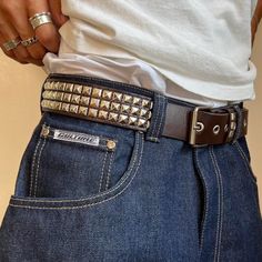 2k 2000s Classic Pyramid Studded Brown And Silver Goth Emo Belt These Belts Are Unisex :)! 3 Rows Of Silver Studs Is Perfectly Finished 1.5w X 44inl Brand New Studded Belt Outfit Emo, Studded Belt Outfit, Goth Outfits Plus Size, 90s Punk Fashion, 2000s Belt, Metalhead Fashion, 2000s Core, 2000s Accessories, Goth Belt