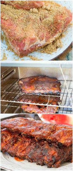 the ribs are being cooked in the oven and then on the grill to cook them