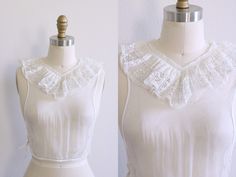 "Edwardian Antique Net Chemisette Top Jabot Collar Ruffled Netted White Edwardian netted collar in a soft white color. Snap at the back. Clean with no staining. A few scattered pin head holes to fabric at the front. Sturdy and very wearable. ★ Please read all the information in my \"FAQs\" sections as it applies to orders placed with my shop. Due to monitor differences, actual colors may vary from what appears online." Jabot Collar, Bib Collar, 1940s Dresses, Empire Waist, Buy Vintage, Swing Dress, Scarf Wrap, Scarf Accessory, Vintage Outfits