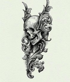 a black and white drawing of a skull with swirls on it's head