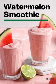 two watermelon smoothies with limes on the side and text overlay that reads, watermelon smoothie