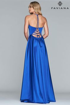 Faviana S10252 Long V-neck satin ballgown with empire seam, lace-up back for adjustable fit and side pockets. Satin Ballgown, Gown For Prom, Dress With Corset, Satin Dress Long, Sherri Hill Prom Dresses, Ball Gown Skirt, Long Evening Gowns, Sherri Hill Dresses, Prom Girl