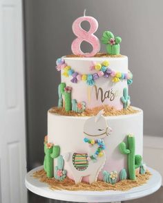 a three tiered birthday cake decorated with cactus, flowers and an animal on top