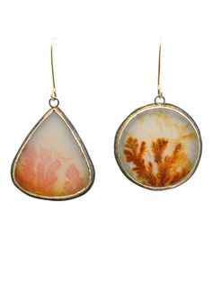 These beautiful pairing of mismatched dendritic agates are reminiscent of coral formations in the ocean reefs. I love the fiery red, orange and pink natural formations within these special agates, with each being a piece of Mother Nature's art. One of a kind, these earrings are set in 18k gold bezels on silver backs with 18k gold ear hooks. Materials: dendritic agate, .925 sterling silver, 18k yellow gold Measure approximately 55mm overall earring length. Send me a direct email at hello@lorifran Luxury Agate Earrings With Natural Stones, Luxury Unique Agate Earrings, Luxury Gold Agate Earrings, Agate Earrings, Dendritic Agate, Orange And Pink, Agate Jewelry, Fiery Red, Gift Bundles