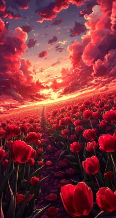 a field full of red flowers with the sun setting in the sky behind it and clouds above