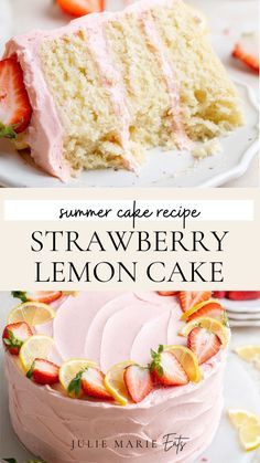 a cake with strawberries and lemons on top is shown in two different photos