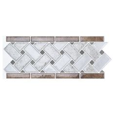 a white and brown mosaic tile wall with grey accents on the bottom, in an angled pattern