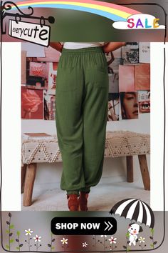 Army Green Drawstring Elastic Waist Pocket Harem Pants Green Summer Joggers With Elastic Waistband, Green Leisure Pants With Elastic Waistband, Casual Drawstring Harem Pants For Spring, Non-stretch Harem Pants With Elastic Waistband For Leisure, Casual Harem Pants With Drawstring For Spring, Casual Green Harem Pants With Elastic Waistband, Casual Spring Harem Pants With Drawstring, Baggy Green Bottoms With Drawstring, Trendy Summer Joggers With Elastic Waistband