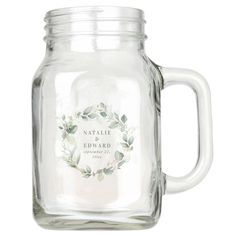 a mason jar with the words alice and ethan on it, sitting next to a white background