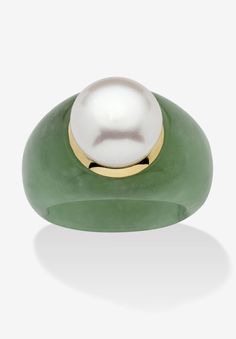 Be seen in green and white. Lavish your finger in this undeniably attractive standout green jade ring. This slick jade ring showcases a luminous 11 mm cultured freshwater pearl. It's the go-to ring that will lend a trend-setting flair to any outfit. 10k gold. Sizes 6-10. As this item contains genuine jade, the actual stone colors may vary slightly. We recommend ordering one size up for this style.10k Yellow GoldMain Stone: 1 Round Freshwater-Cultured Pearl, 11 mm x 11 mm1 Special Cabachon Cut Ge Green Jade Ring, Moissanite Engagement Ring Oval, Palm Beach Jewelry, Freshwater Pearl Ring, Engagement Ring White Gold, Jade Ring, Pearl Set, Jade Jewelry, Freshwater Cultured Pearls