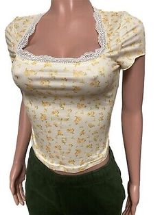 Y2K Coquette Style Yellow Floral Lace Trim Crop Tee Top S New Country Vibes New  | eBay Cute Stretch Tops For Spring, Spring Y2k Fitted Tops, Y2k Short Sleeve Spring Tops, Y2k Short Sleeve Tops For Spring, Y2k Style Short Sleeve Tops For Spring, Fitted Y2k Tops For Spring, Fitted Y2k Tops For Summer, Spring Y2k Stretch Tops, Y2k Stretch Tops For Spring