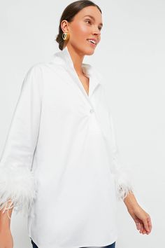 White Feather Willow Blouse Long Sleeve Feather Top For Fall, Long Sleeve Feathered Tops For Fall, Chic Feathered Tops For Fall, Chic Spring Tops With Feather Trim, Spring Long Sleeve Tops With Feathers, Feather Cuff Top, Feather Cuff Shirt, Long Sleeve Tops With Feathers, Shirt With Feathers