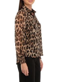 Throw on your favorite pair of jeans with this fabulous leopard-printed blouse from Tahari. Finished with a button closure and long blouson sleeves, this blouse is perfect for casual wear. | T TAHARI Women's Leopard Printed Blouse, XS Trendy Long Sleeve Leopard Print Blouse, Casual Leopard Print Blouse, Casual Leopard Print Blouse For Fall, Casual Collared Leopard Print Tops, Leopard Print Long Sleeve Top For Work, Fall Leopard Print Button-up Blouse, Leopard Print Button-up Top For Work, Leopard Print Blouse, Pullover Designs