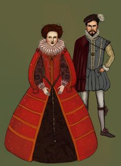 1570 Late renaissance fashion. Corsets become popular (their purpose is to give a conical shape to the torso, not to make the waist super small. They were actually quite comfortable and gave good support for the bust and the back, so they were worn by working classes as well). Under the influence of Elizabeth, codpieces start going out of fashion (men's look becomes more feminine, with soft lines, small waists, earrings, jewellery...) though many men still wear them Historical Garments, Costume Design Sketch, Period Clothing, Quickstep, Historical Women, Corset Fashion