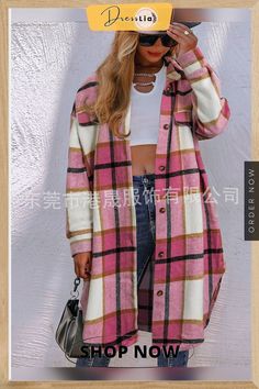 Autumn and Winter Woolen Plaid Coat Lapel Loose Women's Brushed Plaid Long Coat Jackets Longline Jacket, Long Coat Jacket, Plaid Coat, Oversized Jacket, Long Sleeve Plaid, Plaid Jacket, Basic Style, Perfect Shirt, Long Coat