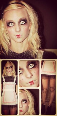 Creepy doll #halloween #costume from last year. Handmade outfit, doll leg tights and #makeup done by me. Creepy Doll Halloween Costume, Meme Costume, Creepy Halloween Costumes, Halloween Costumes To Make, Bricolage Halloween, Doll Halloween Costume