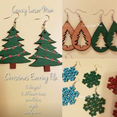 christmas earrings made from wood and decorated with snowflakes, pine trees, and evergreens