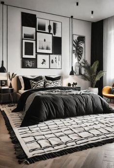 45 Black and White Bedroom Ideas for Timeless Elegance White And Dark Bedroom, Gray Black And White Bedroom, Black And White Teenage Girl Bedroom, Bedroom Design Black And White, Black Themed Room, Black Grey And White Bedroom, Grey Black And White Bedroom, Bedroom Inspirations Master Modern Luxury, Black White Bedroom Decor