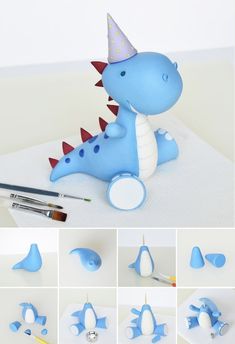 this is an image of a blue dinosaur with a party hat on it's head