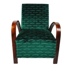 a green chair with wooden arms and legs