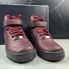 Brand New In Box B9 Burgundy Sneakers With Cushioned Footbed For Streetwear, Burgundy Cushioned Sneakers For Streetwear, Burgundy Leather Sneakers For Streetwear, Casual Custom Sneakers In Burgundy With Round Toe, Casual Custom Sneakers Burgundy With Round Toe, Burgundy High-top Sneakers For Streetwear, Deep Burgundy, Nike Shoes Women, Nike Air Force 1