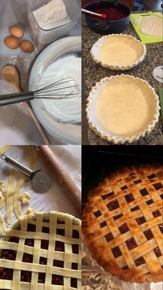 four different pictures with pies and ingredients in them