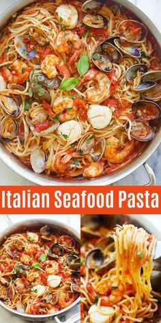 two pictures showing different types of pasta with shrimp, clams and mussels