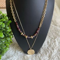 Bundle Come With 1 Gold Tone Fashion Double Strand Necklace. Beads And Hammer Pendant 1 Pair Abstract Print Earrings Both Nwot Open To Offers Bundle For Discount Beaded Metal Layered Necklace As Gift, Elegant Purple Jewelry With Gold Beads, Purple Double Strand Jewelry For Gifts, Watermelon Necklace, Angel Pendant Necklace, Frog Necklace, Floral Statement Necklace, Crystal Statement Necklace, Garnet And Gold