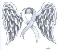 a drawing of an angel with wings and a ribbon on the back of its wing